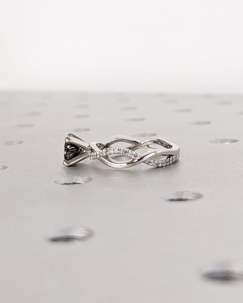 Twisted Knot Salt and Pepper Diamond Ring / Petite Woven Braid Platinum Gold Band / Round Cut Solitaire Diamond Twisted Vine Engagement Ring