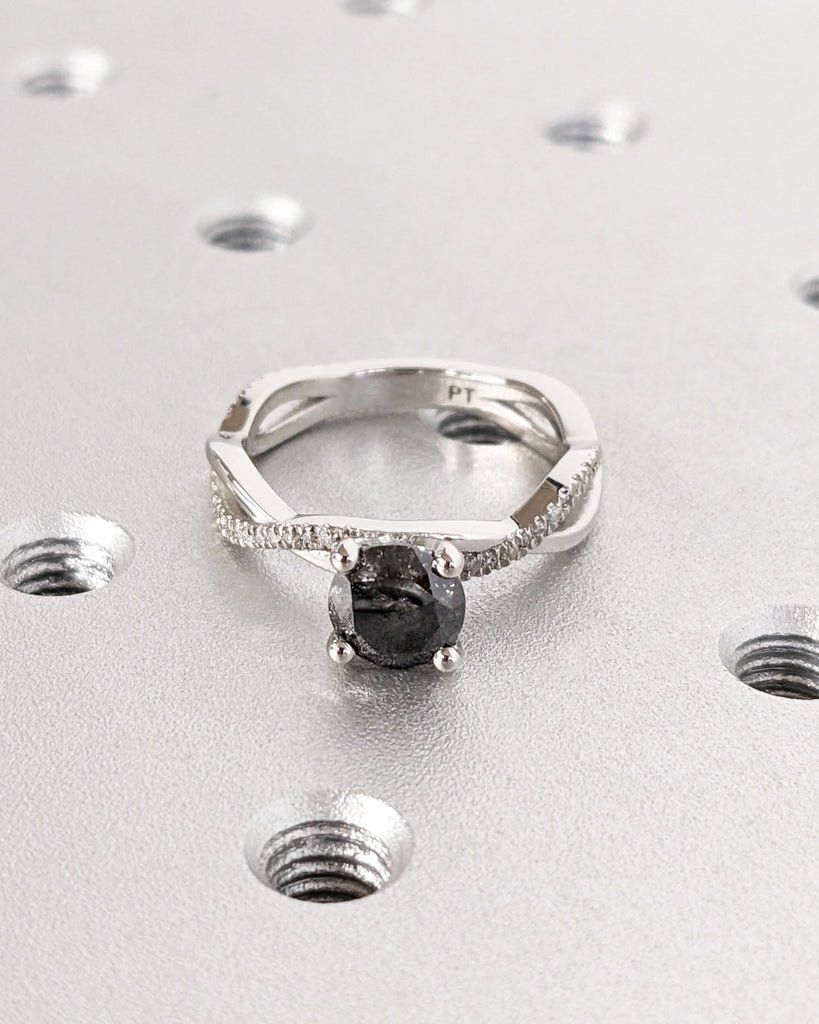 Twisted Knot Salt and Pepper Diamond Ring / Petite Woven Braid Platinum Gold Band / Round Cut Solitaire Diamond Twisted Vine Engagement Ring