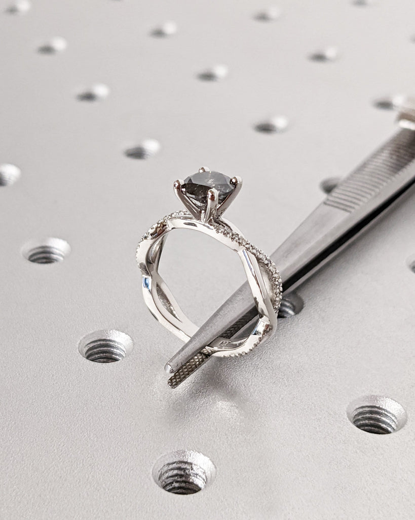 Twisted Knot Salt and Pepper Diamond Ring / Petite Woven Braid Platinum Gold Band / Round Cut Solitaire Diamond Twisted Vine Engagement Ring