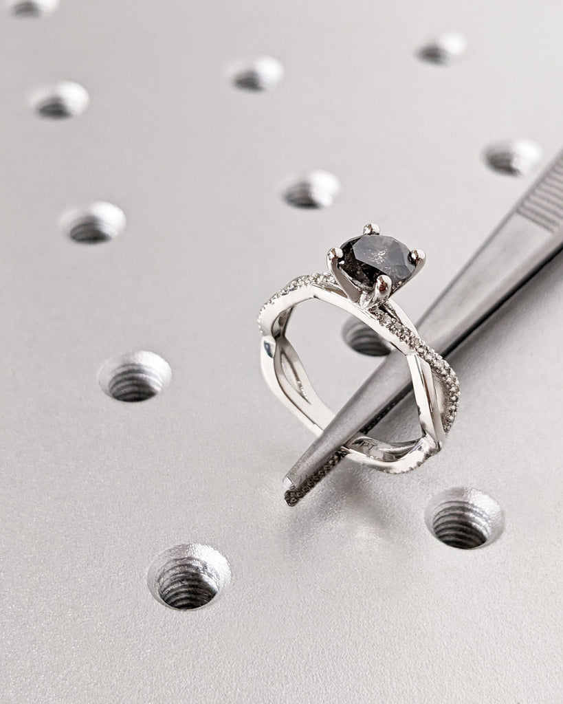 Twisted Knot Salt and Pepper Diamond Ring / Petite Woven Braid Platinum Gold Band / Round Cut Solitaire Diamond Twisted Vine Engagement Ring