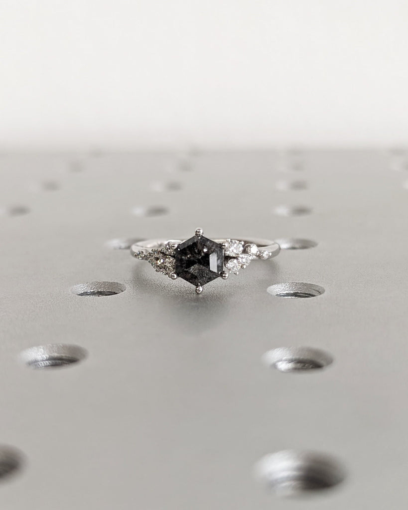 Hexagon Salt and Pepper Engagement Diamond Cluster Ring, Side Round Cut Diamond or Moissanite, 14K White Gold Ring, Wedding Anniversary Gift