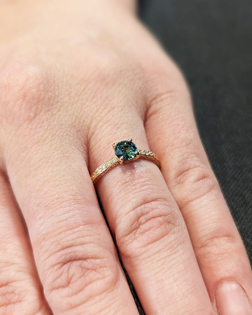 One of a Kind Montana Sapphire Ring, Blue Sapphire Diamond Cluster Ring, Vintage Inspired Blue Sapphire Engagement Ring, 18K Gold Green Teal