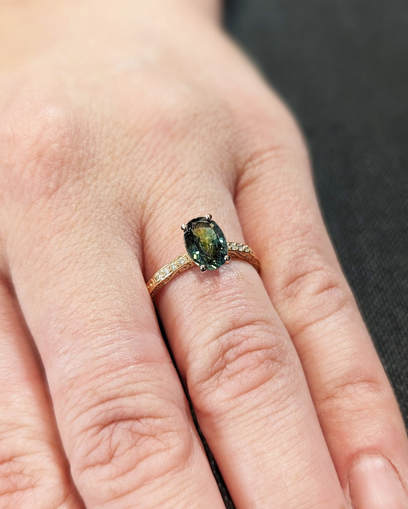 One of a Kind Montana Sapphire Ring, Blue Sapphire Diamond Cluster Ring, Vintage Inspired Blue Sapphire Engagement Ring, 18K Gold Green Teal