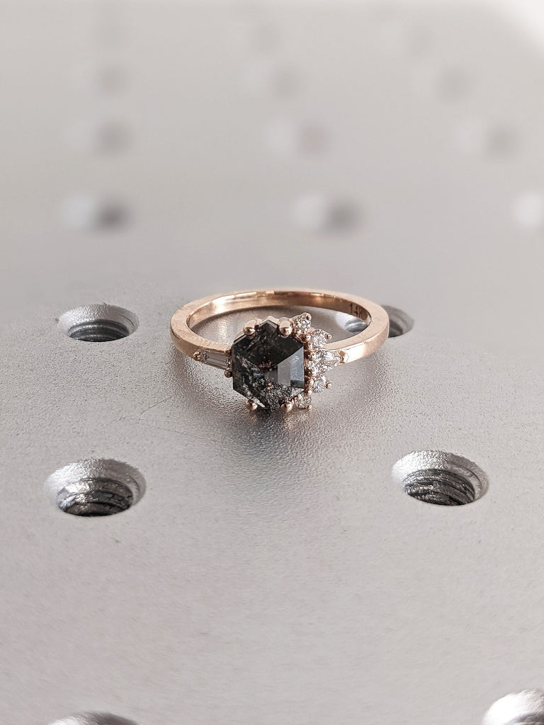 1ct Hexagon cut Salt and Pepper Galaxy Diamond Rose Gold Moissanite Cluster Proposal Ring