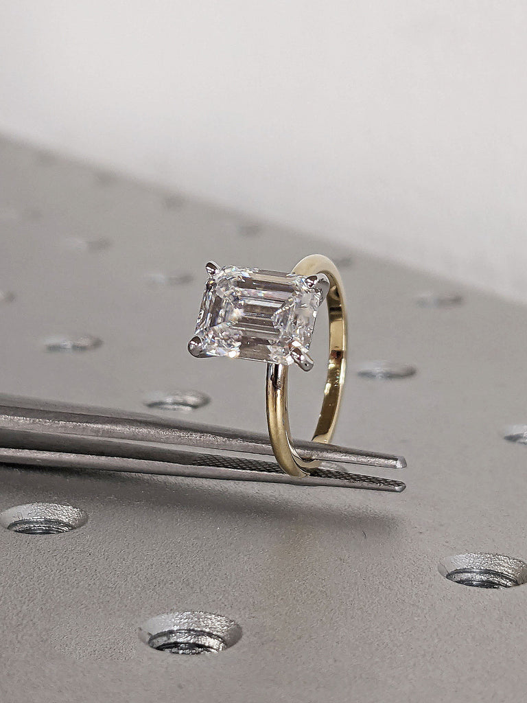 Emerald cut Moissanite Solitaire 2 Tone Proposal Wedding Anniversary Ring 18K White Yellow Gold