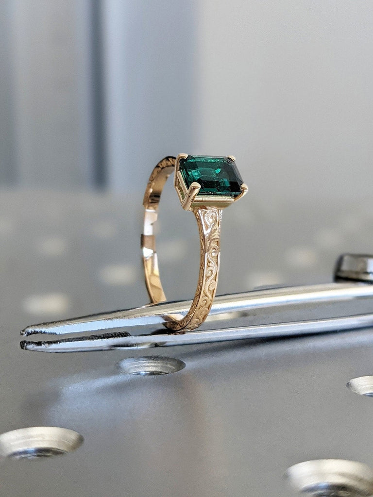 Lab Cultured Emerald Solitaire Vintage Proposal Ring 14k 18k Rose Gold Filigree Wedding Band for Her