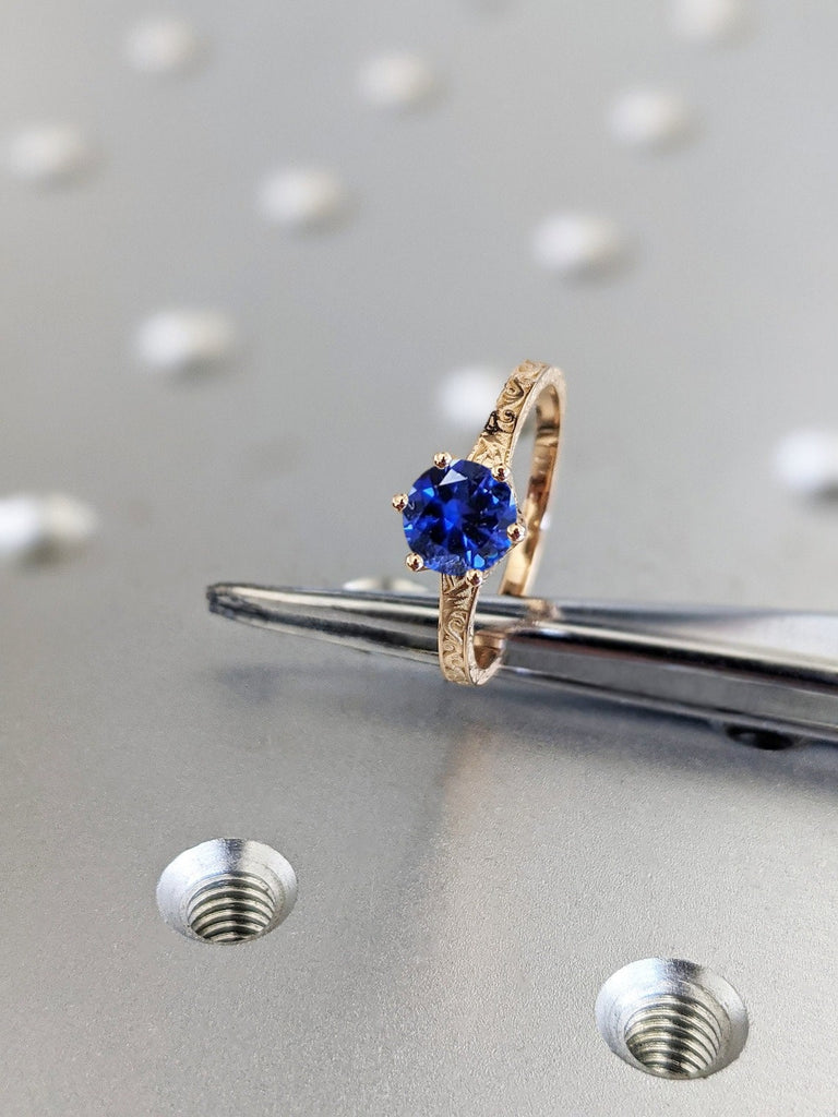 1ct Round cut Blue Lab Sapphire Solitaire September Birthstone Ring 14K 18K Rose Gold Filigree Wedding Band for Her