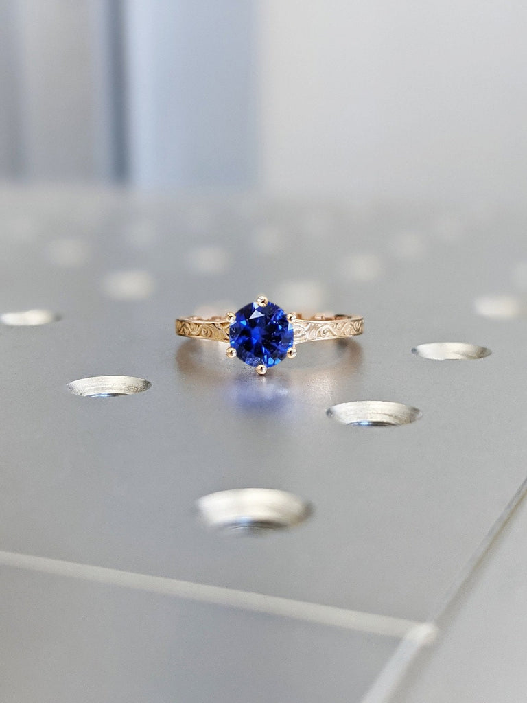 1ct Round cut Blue Lab Sapphire Solitaire Engagement Ring 14K 18K Rose Gold Filigree Wedding Band for Her