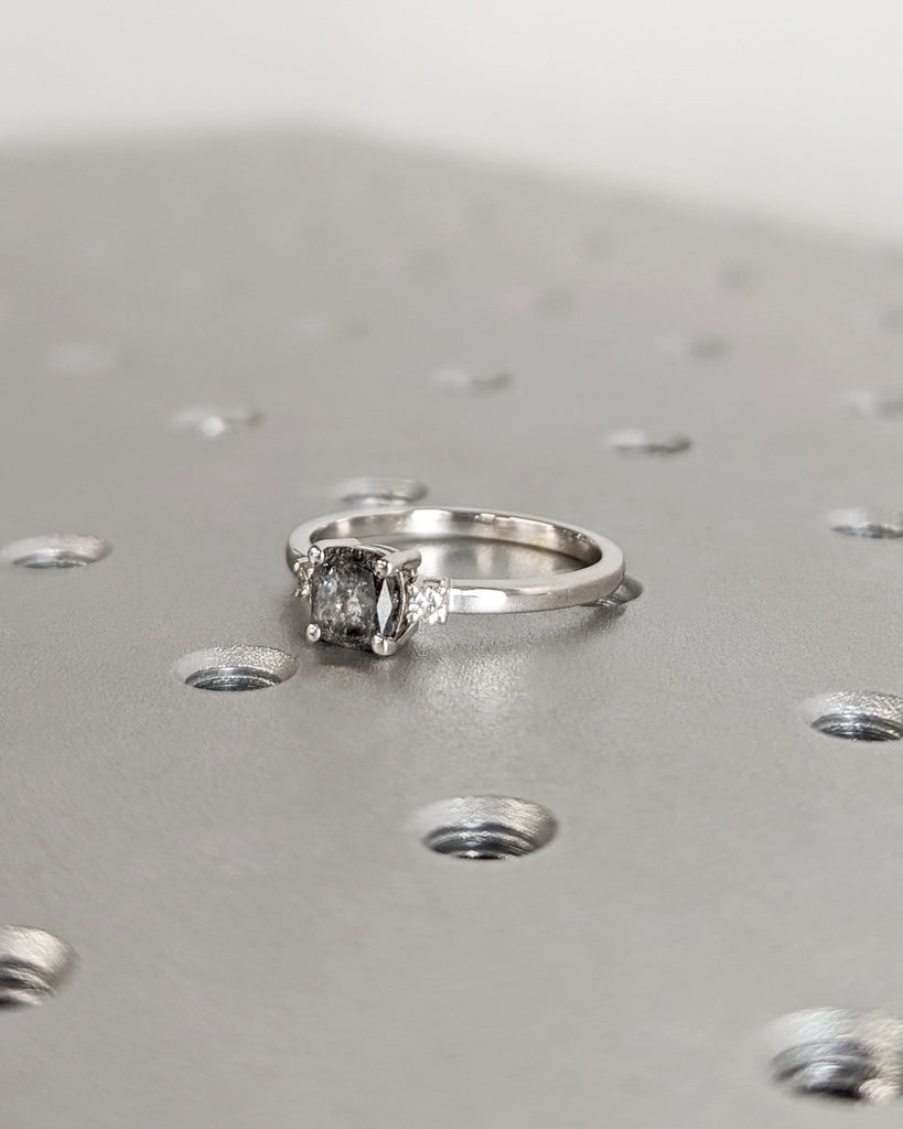 Three Stone Salt and Pepper Diamond Engagement Ring - Vintage Trellis Cushion Cut Setting - 18K White Gold Ring - Bridal Wedding Womens Ring