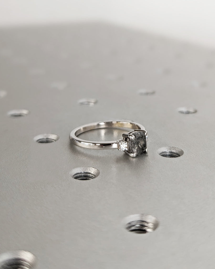 Three Stone Salt and Pepper Diamond Engagement Ring - Vintage Trellis Cushion Cut Setting - 18K White Gold Ring - Bridal Wedding Womens Ring