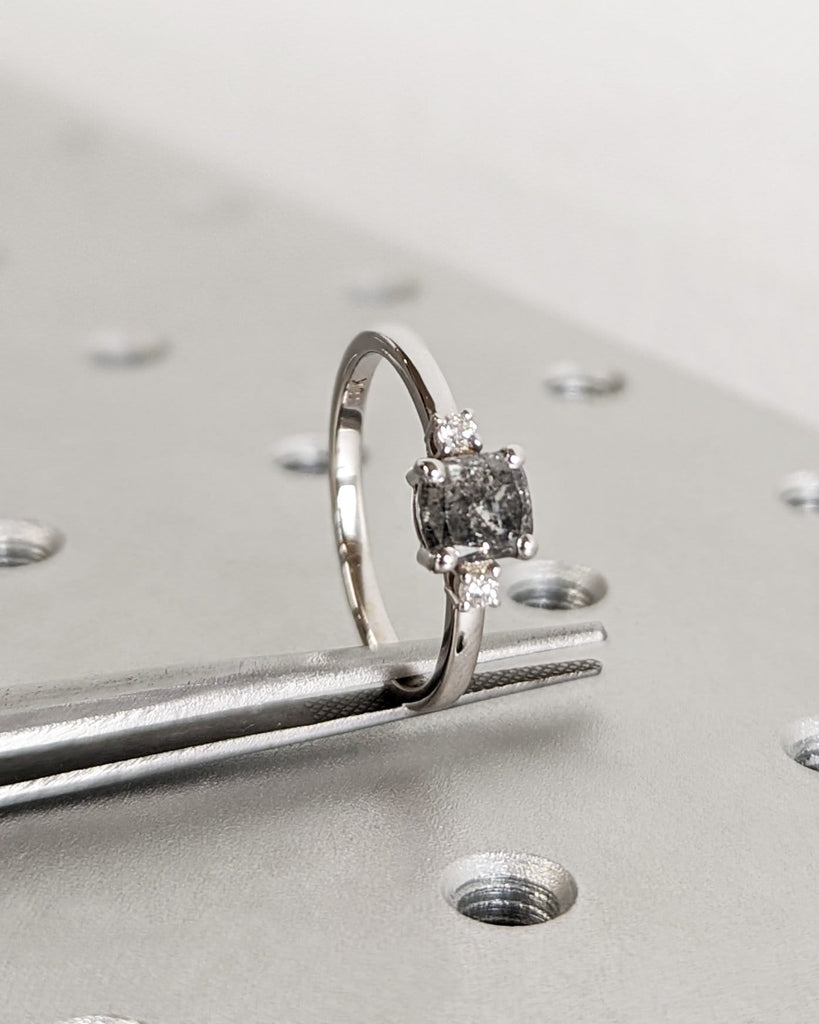 Three Stone Salt and Pepper Diamond Engagement Ring - Vintage Trellis Cushion Cut Setting - 18K White Gold Ring - Bridal Wedding Womens Ring