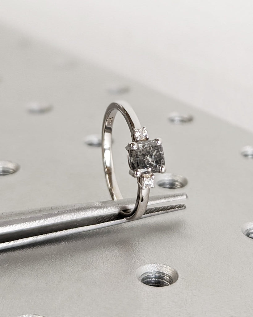 Three Stone Salt and Pepper Cushion Cut Diamond Engagement Ring - Vintage Trellis Setting Ring - 18K White Gold Ring - Unique Art Deco Ring