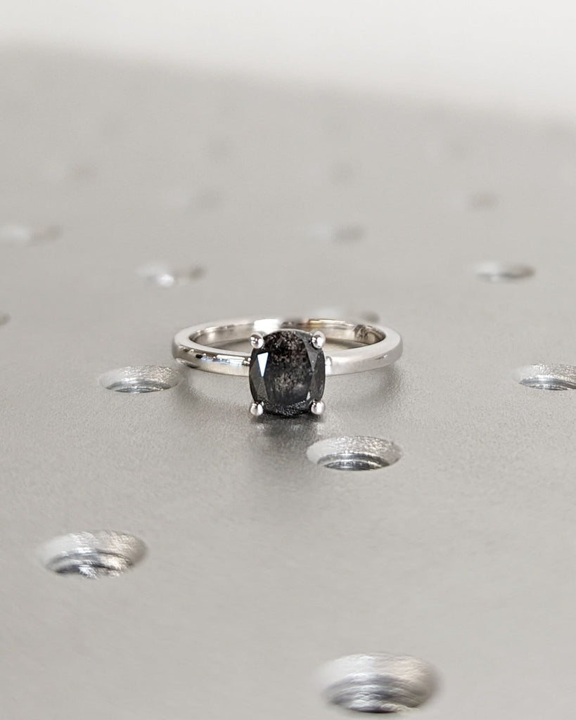 Solid Gold Cushion Salt and Pepper Engagement Ring, Vintage Solitaire Diamond Ring, 14K White Gold Ring, Minimalist Wedding Anniversary Ring