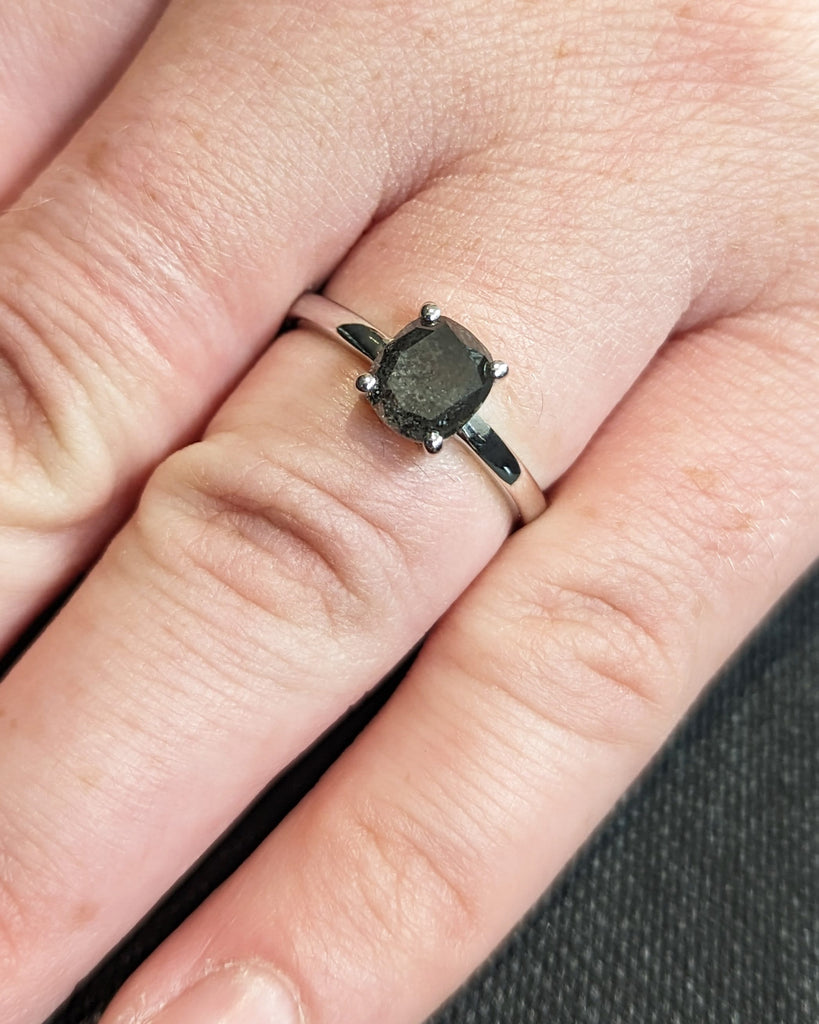 Solid Gold Cushion Salt and Pepper Engagement Ring, Vintage Solitaire Diamond Ring, 14K White Gold Ring, Minimalist Wedding Anniversary Ring