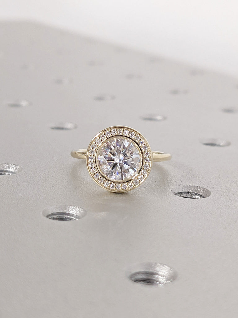 1.5ct Round Moissanite bezel set Diamond Halo Statement Engagement Ring for Her 14K Yellow Gold