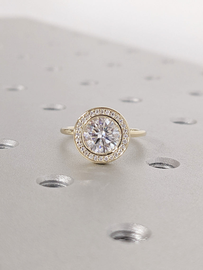 1.5ct Round Lab Grown Diamond bezel set Moissanite Halo Statement Engagement Cocktail Ring for Her 14K 8K Yellow Gold