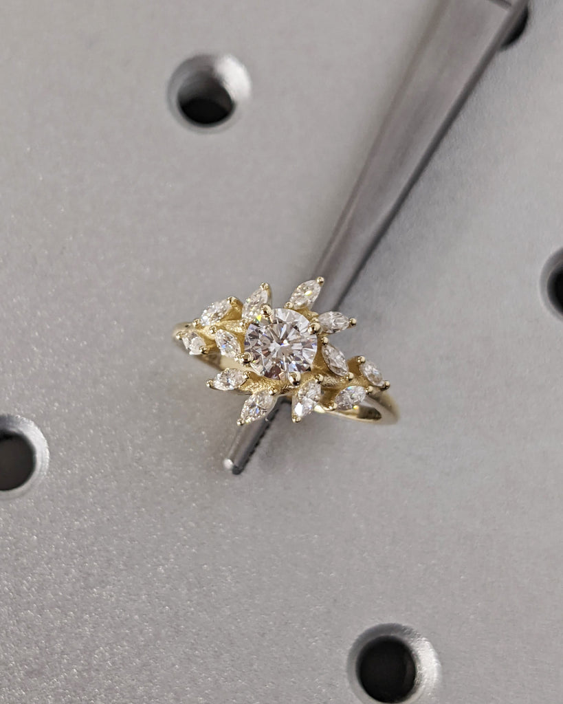 Nature Inspired Moissanite Engagement Ring, Marquise Cluster Band Unique Leaf Floral Ring, 14K Yellow Gold, Art Deco Bridal Anniversary Ring