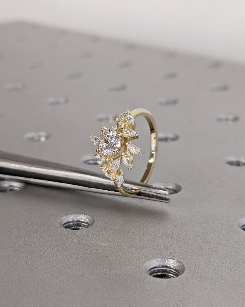 Nature Inspired Moissanite Cluster Cocktail Ring | Star Burst Leaf Marquise Cut Yellow Gold Ring | Unique Fancy Cut Diamond Engagement Ring