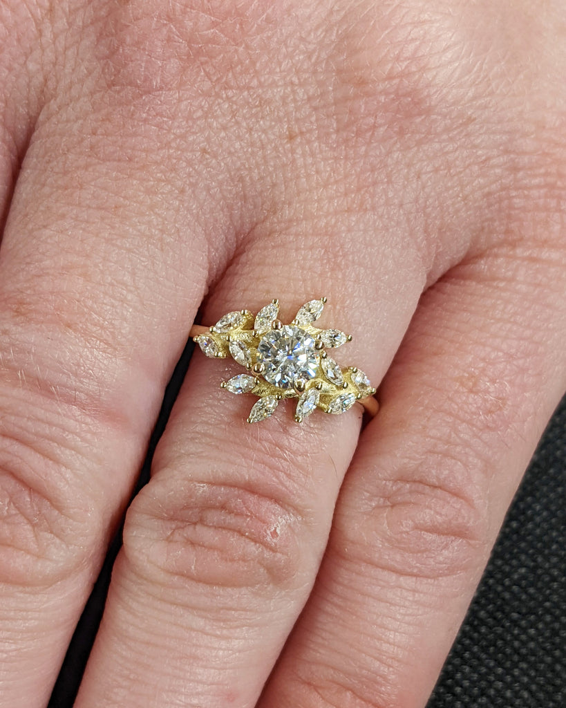 Nature Inspired Moissanite Engagement Ring, Marquise Cluster Band Unique Leaf Floral Ring, 14K Yellow Gold, Art Deco Bridal Anniversary Ring