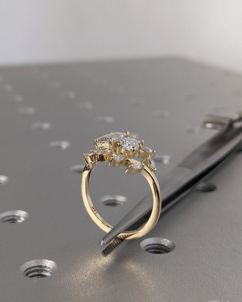 Toi et Moi Ring, Teardrop Pear Emerald Cut Moissanite Ring, Vintage Double Stone Engagement Ring, Flora Leaf Cluster Ring, Custom Women Ring