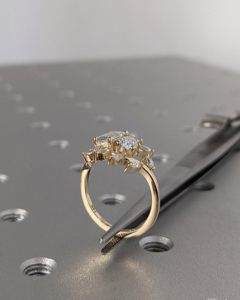 Toi et Moi Ring / Pear and Emerald Cut Moissanite Ring / Two Stone Engagement Ring / Marquise Leaf Cluster Ring / Unique Statement Gold Ring