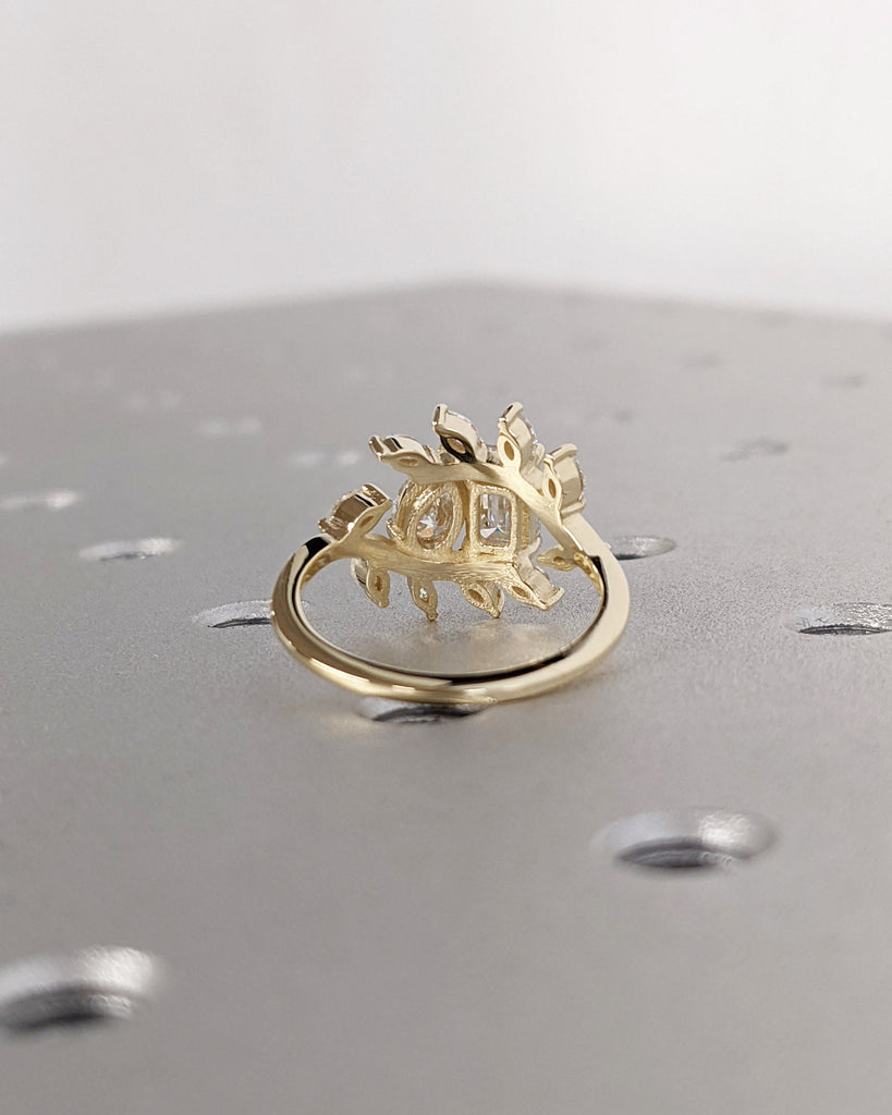 Two Stone Fancy Cut Lab Grown Diamond Engagement Ring | Pear, Emerald cut Cocktail Ring | Unique Multi Stone Yellow Gold Statement Jewelry