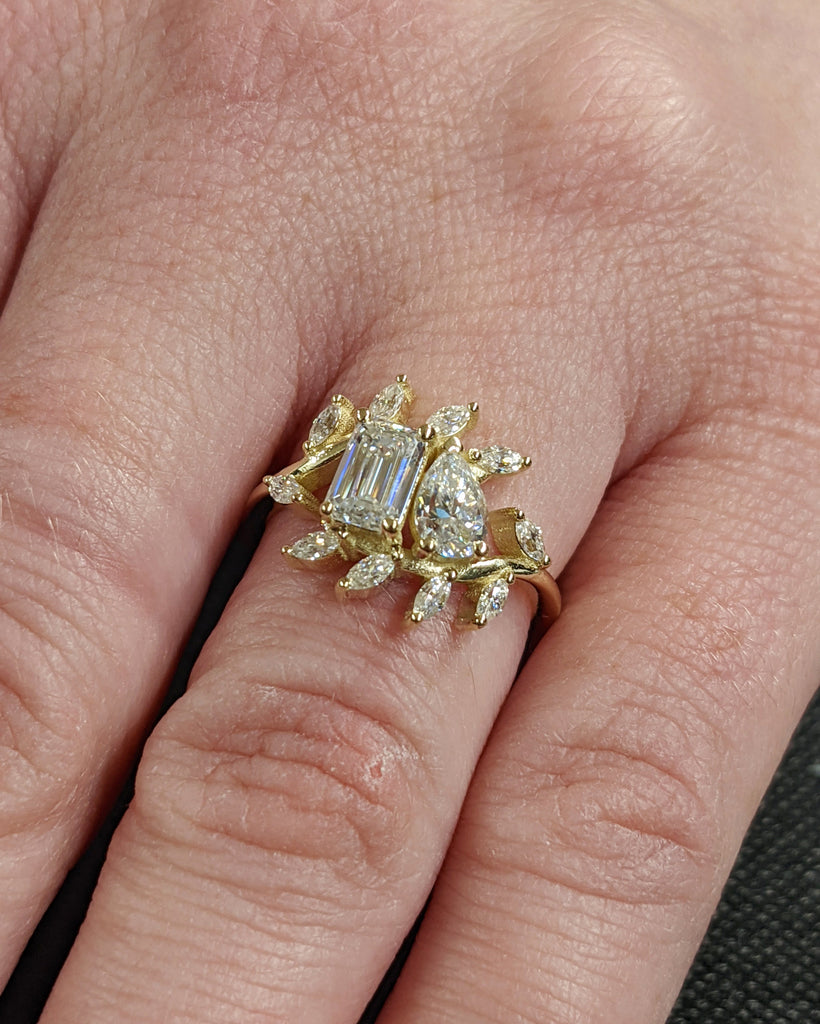 Toi et Moi Ring / Pear and Emerald Cut Moissanite Ring / Two Stone Engagement Ring / Marquise Leaf Cluster Ring / Unique Statement Gold Ring