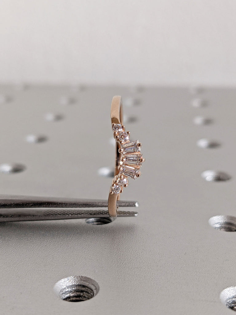 Rose Gold Multi Stone Tapered Baguette Round Moissanite Cluster Matching Curve Women Wedding Cocktail Ring