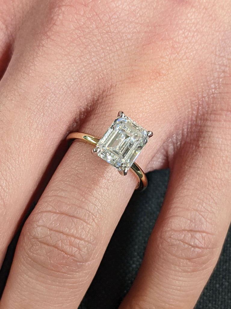 2.5ct Emerald cut Lab Created Diamond Solitaire 2 Tone Engagement Ring 18K White Yellow Gold