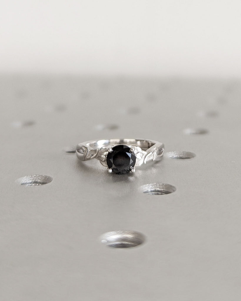 Nature Art Inspired Leaf Engagement Ring, 14K White Gold, Salt and Pepper Diamond Ring, Leaves Twig Nature Element Inspired Engagement Ring