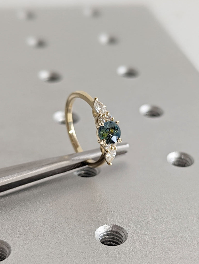 Art Deco 0.5ct Round Montana Blue Green Sapphire 14K 18K Yellow Gold Cocktail Ring for Her