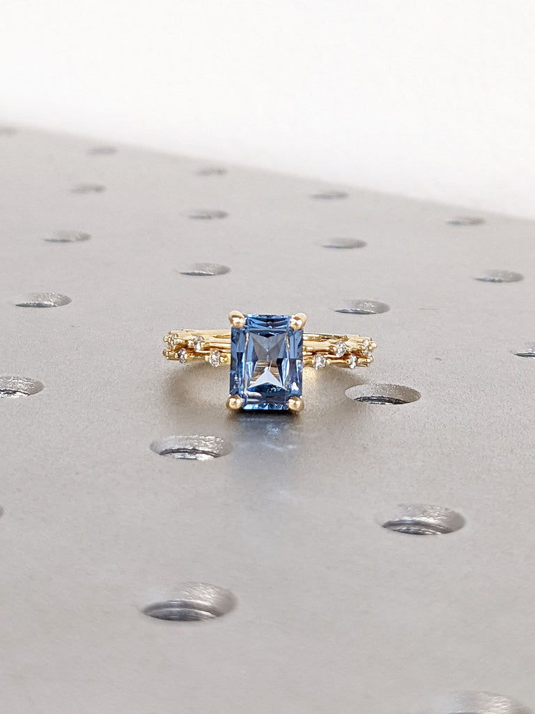 Radiant cut Lab Aquamarine Wedding Annivesary Ring 14K Yellow Gold Stacking Floating Bubble Moissanite Distance Band