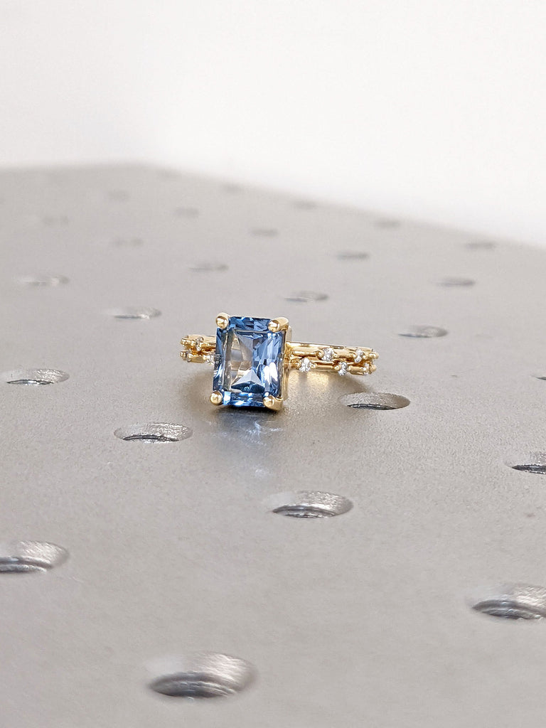 2ct Radiant cut Lab Aquamarine Floating Moissanite Engagement Ring Matching Set 18K Yellow Gold