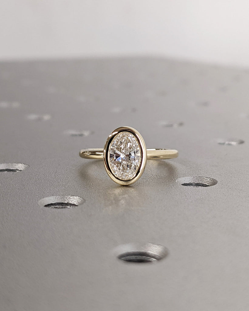 Oval Cut Moissanite Solitaire Ring, 14K Yellow Gold Engagement Ring, Bezel Setting, Statement Ring, Gift For Her, Vintage Bridal Set, Simple