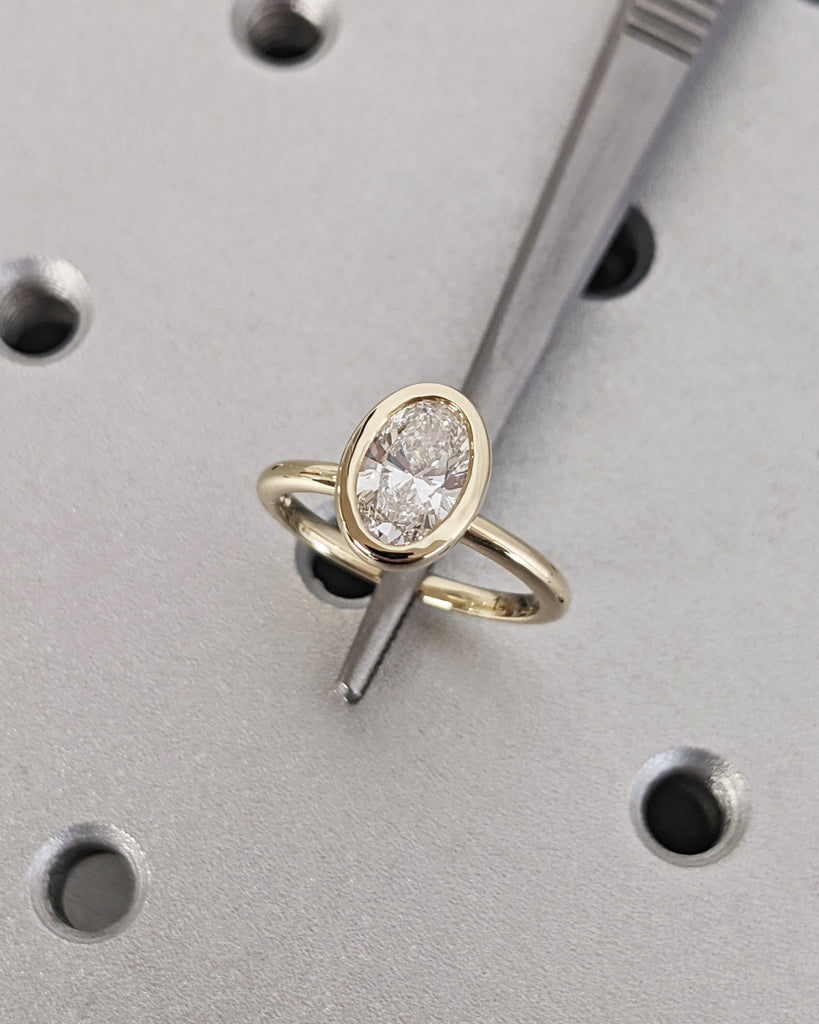 Oval Cut Moissanite Solitaire Ring, 14K Yellow Gold Engagement Ring, Bezel Setting, Statement Ring, Gift For Her, Vintage Bridal Set, Simple