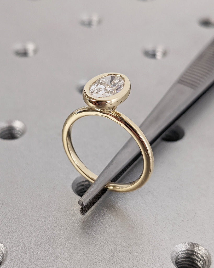 Oval Cut Moissanite Solitaire Ring, 14K Yellow Gold Engagement Ring, Bezel Setting, Statement Ring, Gift For Her, Vintage Bridal Set, Simple