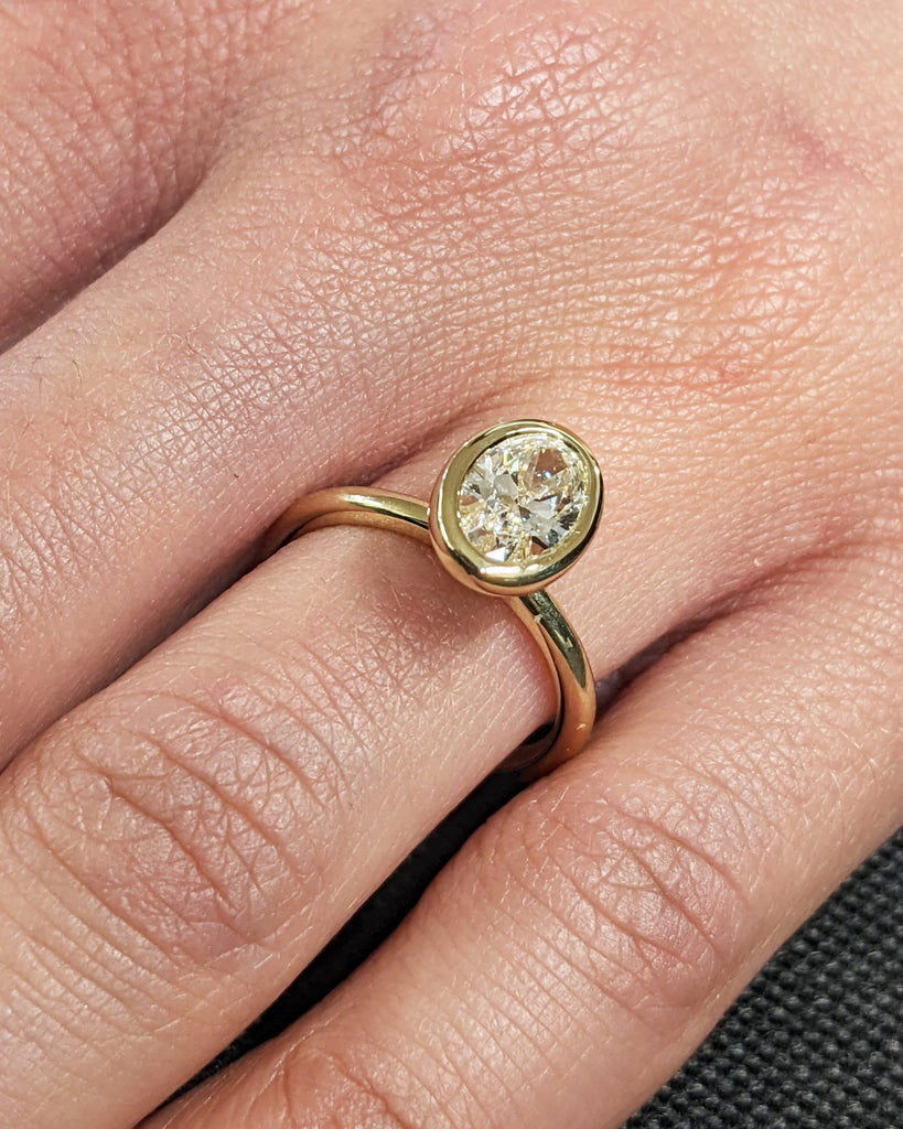 Oval Cut Moissanite Solitaire Ring, 14K Yellow Gold Engagement Ring, Bezel Setting, Statement Ring, Gift For Her, Vintage Bridal Set, Simple