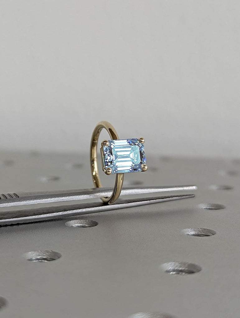2.5ct Emerald Lab Aquamarine 14K Yellow Gold March Birthstone Wedding Anniversary Ring