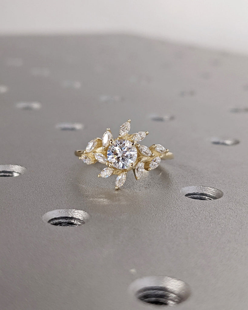 Nature Inspired Moissanite Engagement Ring, Marquise Cluster Band Unique Leaf Floral Ring, 14K Yellow Gold, Art Deco Bridal Anniversary Ring