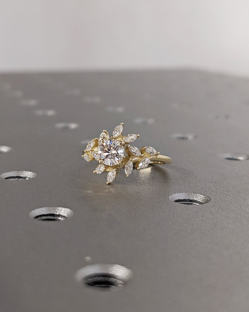 Round, Marquise cut Lab Grown Diamond Floral Leaf Cluster Proposal Ring | Yellow Gold Band For Her | Unique Bridal Statement Jewelry