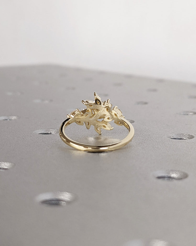 Nature Inspired Sunflower Lab Diamond Engagement Ring, Cluster Band Unique Leaf Floral Design, Yellow Solid Gold, Wedding & Anniversary Ring