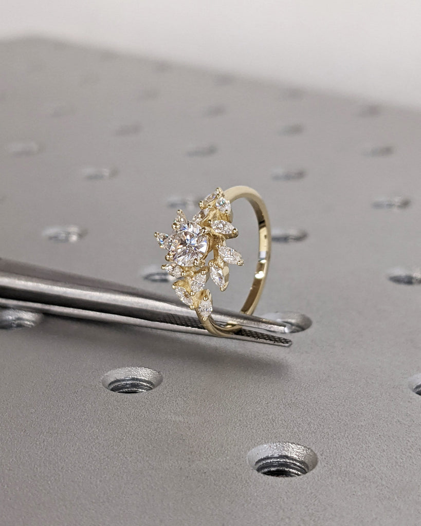Art Deco Lab Created Diamond Cluster Cocktail Ring | Multi Stone Yellow Gold Wedding Anniversary Ring | Fancy Cut Diamond Engagement Ring