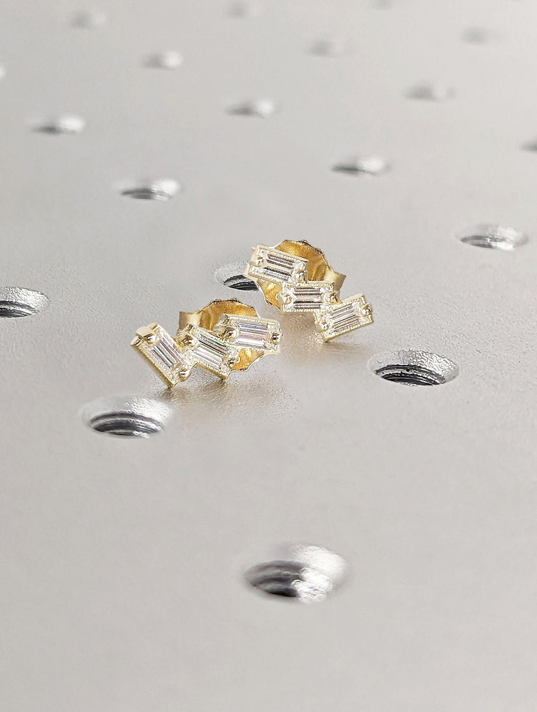 Set of Women Screw back Stud Earrings 14K 18K Yellow Gold Lab Created Diamond Cluster Baguette Cut