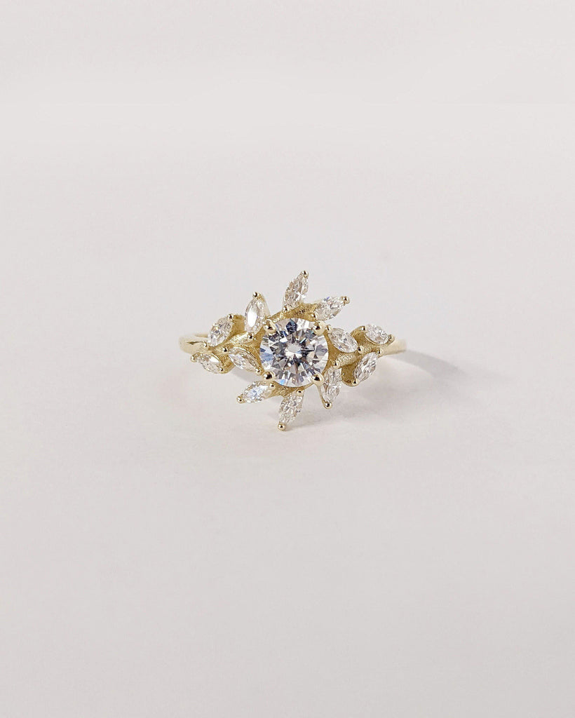 Nature Inspired Moissanite Cluster Cocktail Ring | Star Burst Leaf Marquise Cut Yellow Gold Ring | Unique Fancy Cut Diamond Engagement Ring