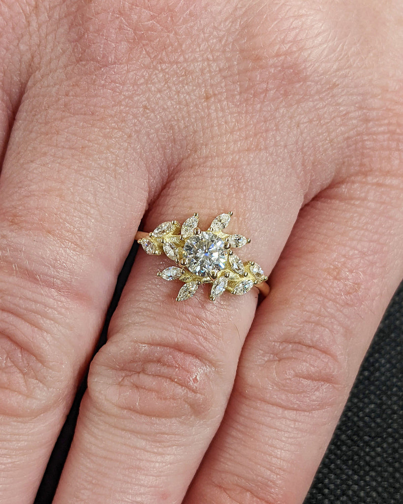 Marquise Round Cut Moissanite Cluster Women Engagement Cocktail Ring 14K 18K Yellow Gold Band for Her