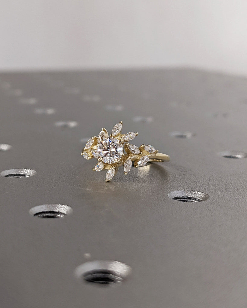 Nature Inspired Moissanite Engagement Ring, Marquise Cluster Band Unique Leaf Floral Ring, 14K Yellow Gold, Art Deco Bridal Anniversary Ring