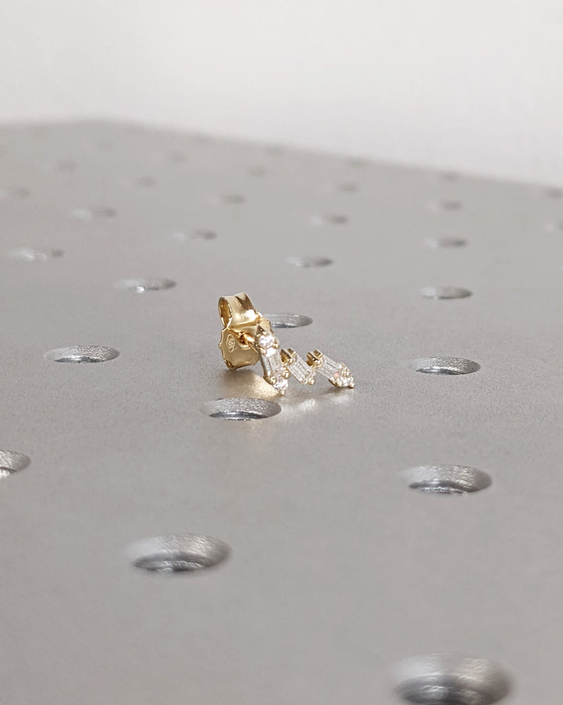 Small Baguette & Round Diamond Cluster Earrings, 14K 18K Solid Gold Screw Back Studs, Dainty Diamond Cluster Studs, Single or Pair Earrings