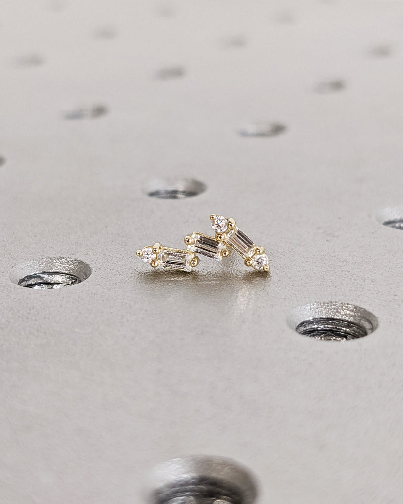 Baguette & Round Cut Gold Earrings / Tiny Lab Diamond Cluster Lightweight Earrings / 14K Solid Gold Studs / Wedding Anniversary Holiday Gift