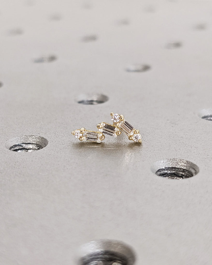 Baguette Round Cut Lab Diamond Stud Earrings, Art Deco Ring, Lab Diamond Wedding Earrings, Push Back Earrings, Anniversary Gift, Gold Studs
