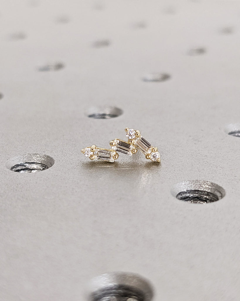 Small Baguette & Round Diamond Cluster Earrings, 14K 18K Solid Gold Screw Back Studs, Dainty Diamond Cluster Studs, Single or Pair Earrings